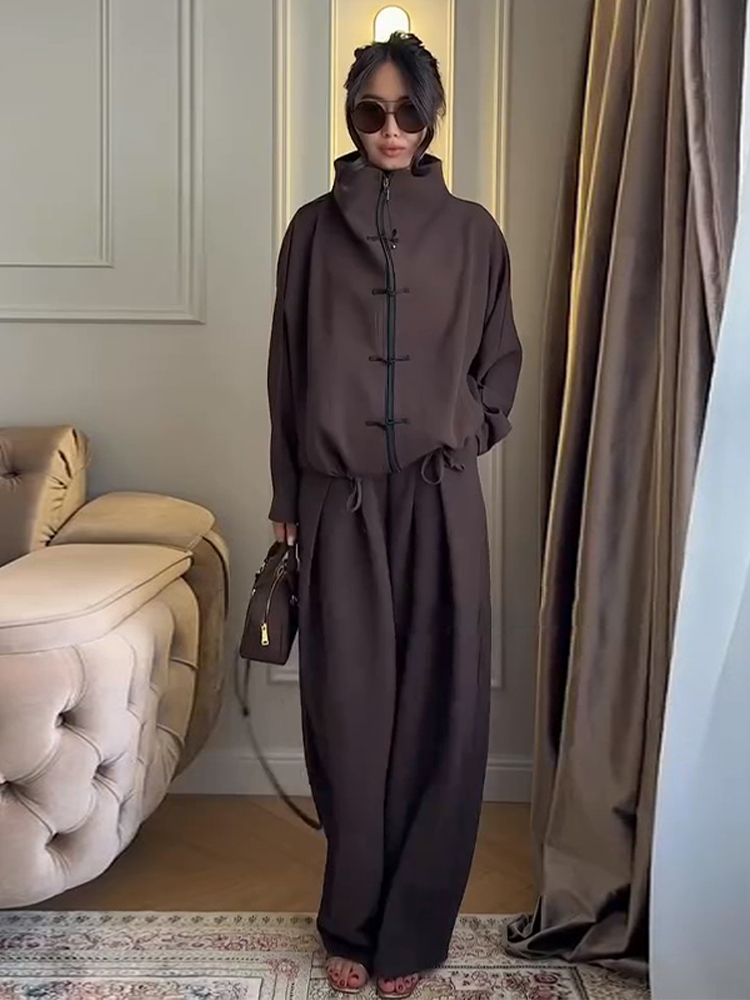 Ensemble pantalon deux pièces pour femme : Veste à boutons grenouille et pantalon large drapé à cordon de serrage – Vêtements femme printemps-été