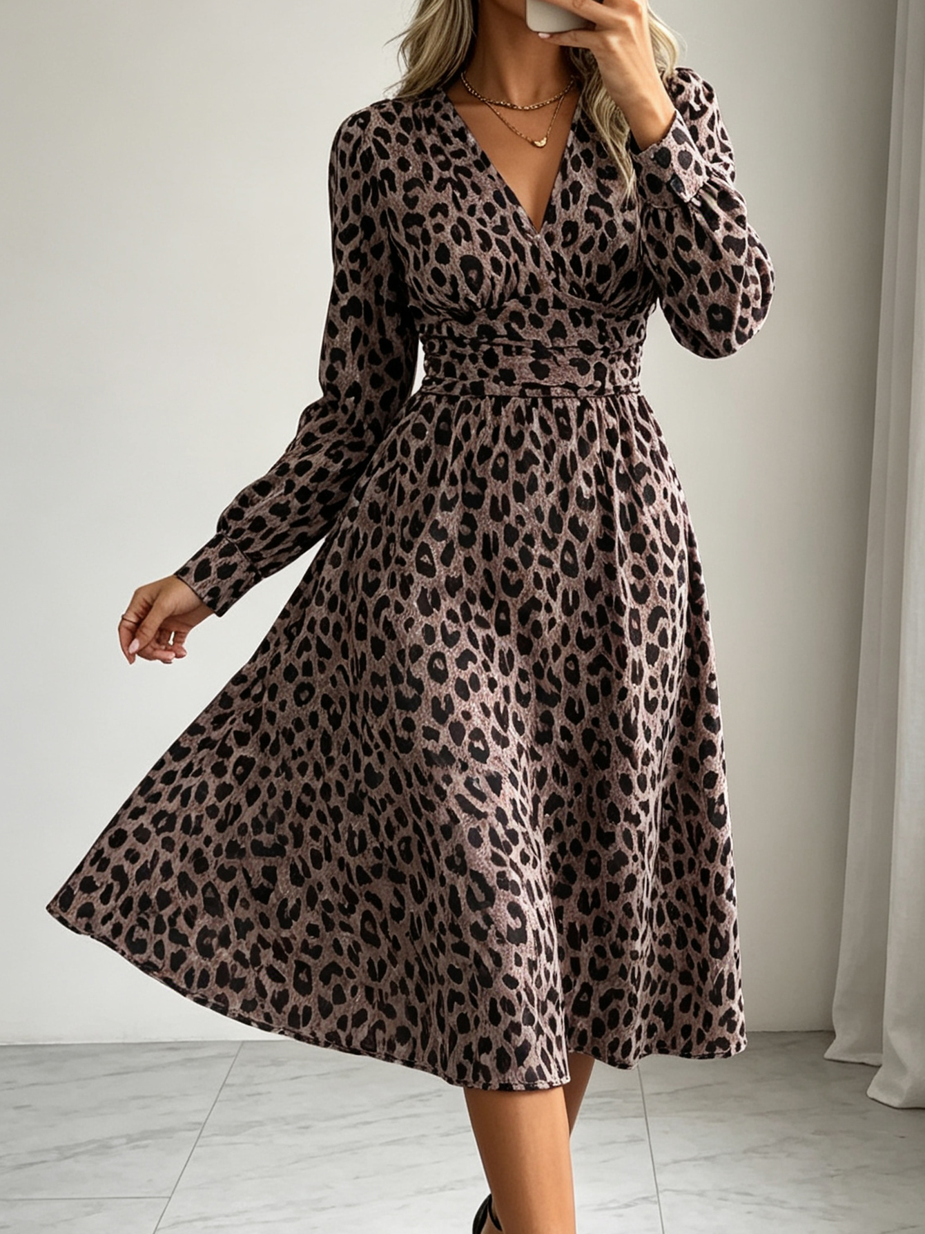Robe midi à imprimé léopard pour femme, manches longues, col en V, élégante, polyvalente, tissée, toutes saisons, pour le travail, les fêtes