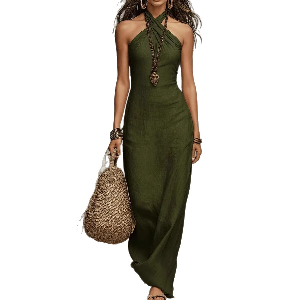 Nouvelle Robe Longue Bohème Chic et Sexy à Épaules Dénudées, Sans Manches, Unie, Creuse, Ajustée, pour l'Été et le Printemps, avec Bretelles Croisées pour Soirée