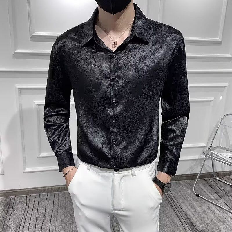 Nouveaux hommes mode coréenne haute rue luxe affaires chemise décontractée printemps revers à manches longues noir blanc mince hauts Camisas De Hombre