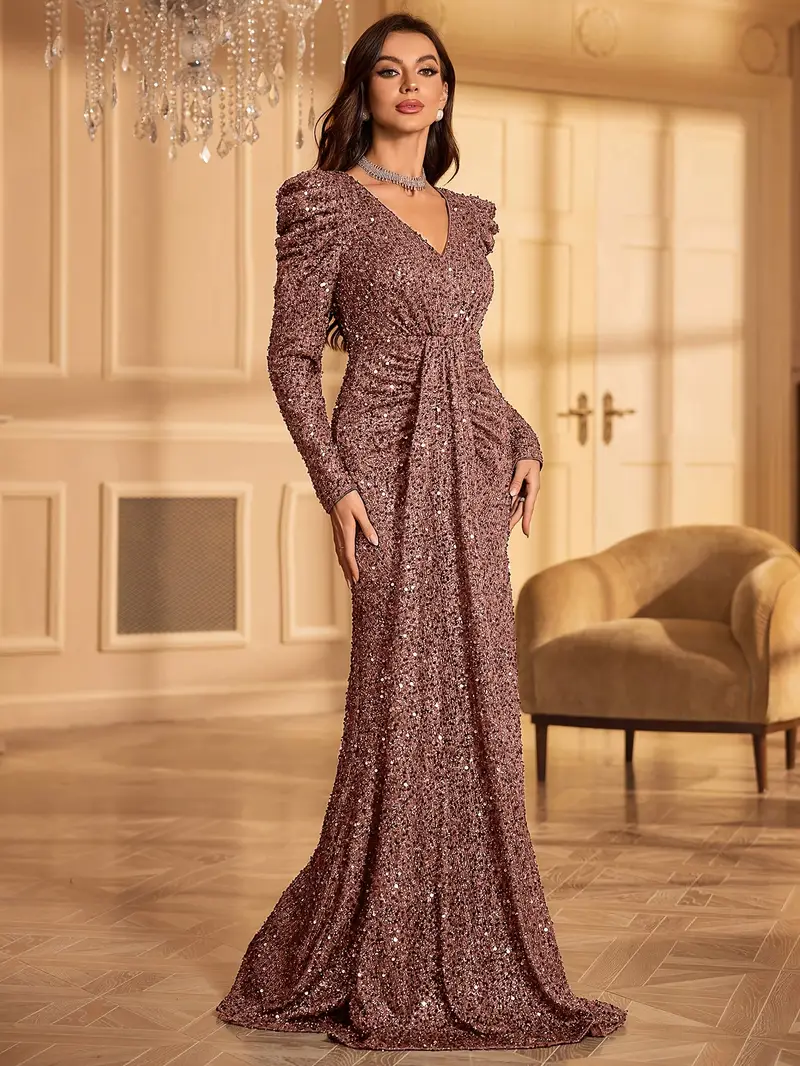 Robe de soirée élégante à manches longues et col en V pour femme – Parfaite pour les mariages, les anniversaires et les fêtes