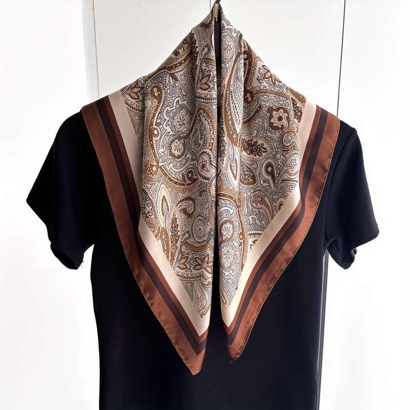 Écharpe carrée marron à motif Paisley pour femmes, foulard multifonctionnel, châle, texture soyeuse, accessoire de mode, disponible en quatre saisons