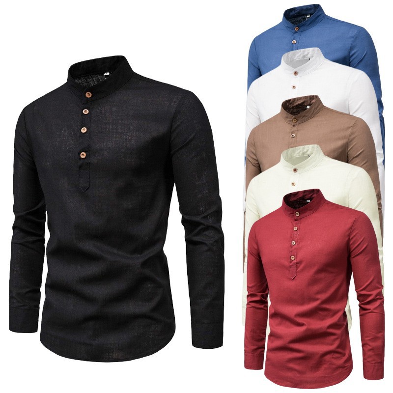 Chemisier hommes été décontracté classique couleur unie décontracté mince col montant bouton chemise à manches longues vêtements pour hommes
