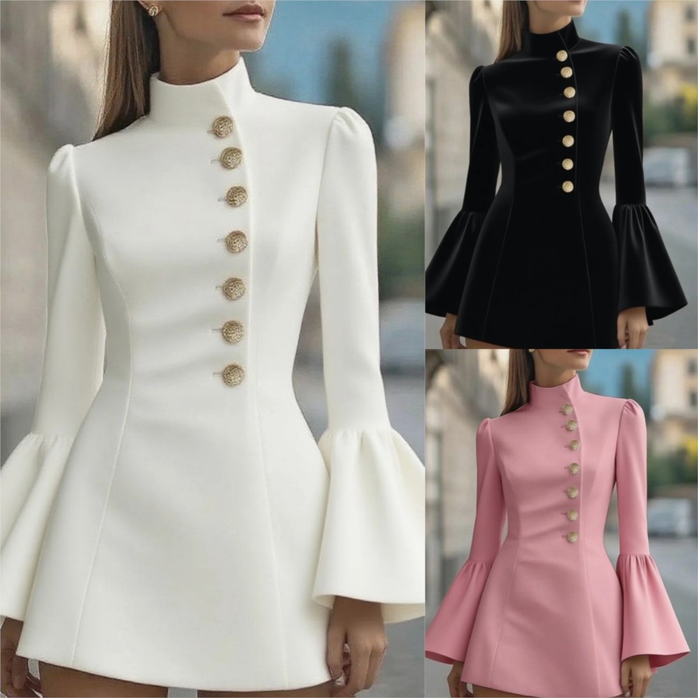 Robe élégante de style décontracté, design simple et tendance, coupe courte, col montant, manches évasées, idéale pour l'automne et l'hiver