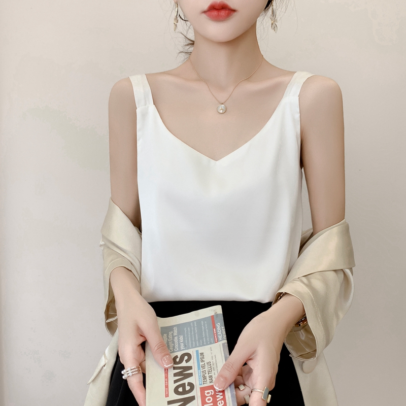 Camisole en soie pour femmes, costume d'été à l'intérieur, col en v, gilet à bascule en Satin, fin, ample, sans manches, écharpe, hauts en soie, petite chemise tendance, 2025