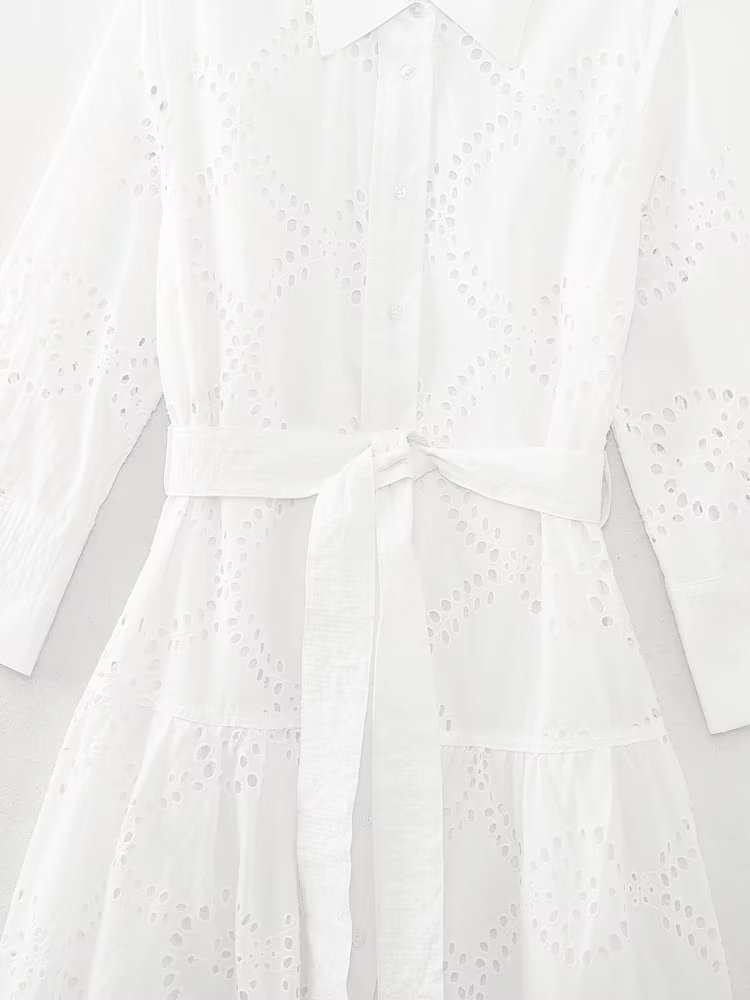 Robe blanche brodée élégante pour femmes, Chic, revers, manches longues, taille haute, à lacets, Maxi, mode féminine, ajourée