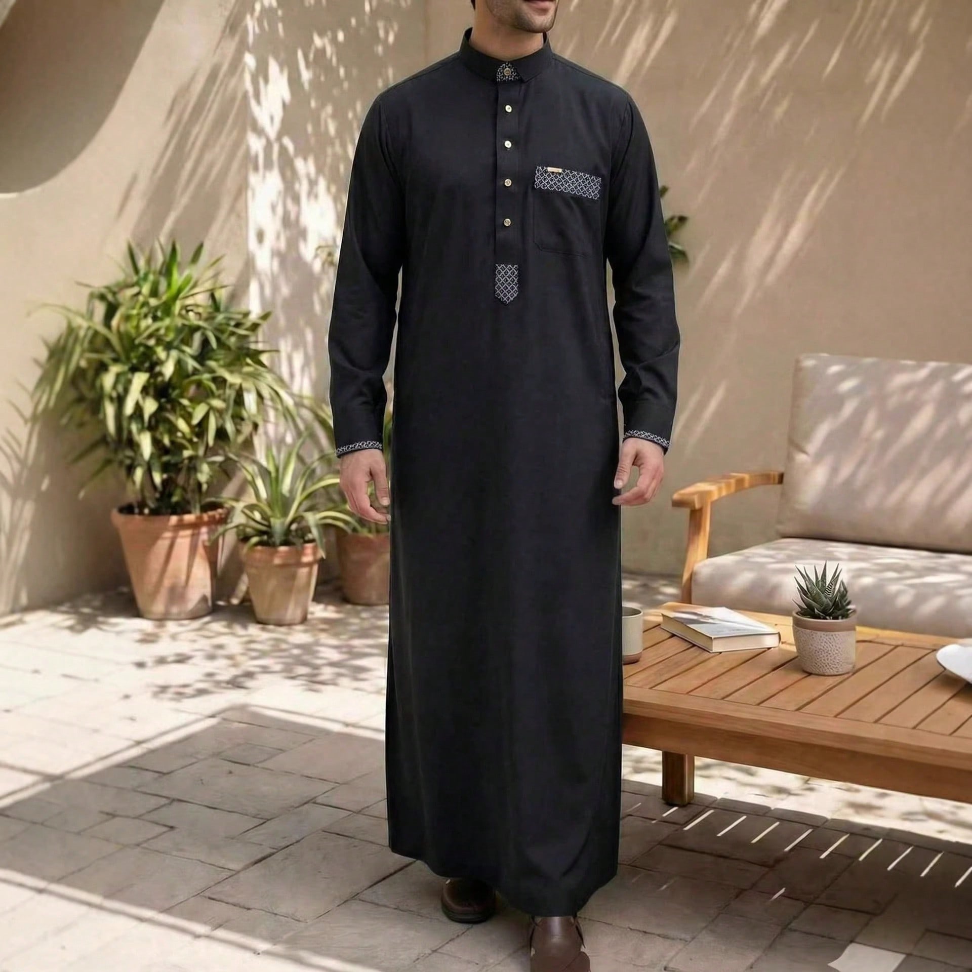 Robe longue à manches longues pour homme de style arabe, chemise à carreaux avec col et boutons décoratifs, vêtements de mode musulmane