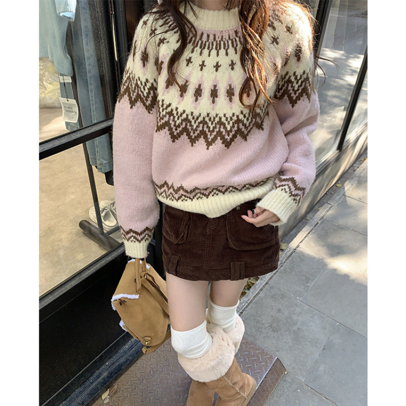 Femmes tricot pull 2025 nouveau rose pull femmes Fair Isle Jacquard Preppy Style automne hiver tricot pull