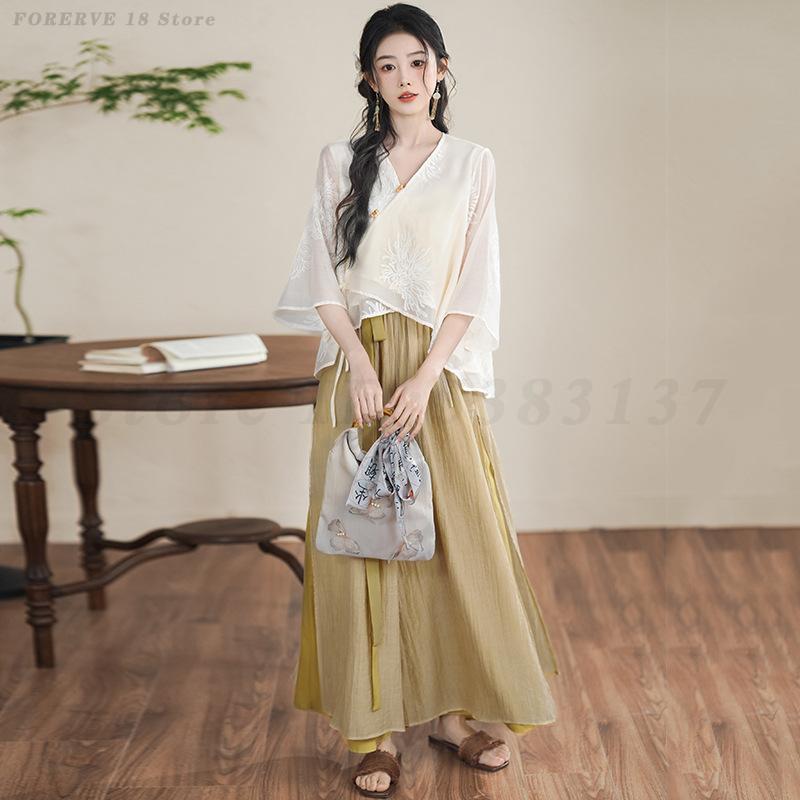 Vêtements de style ethnique chinois pour femmes, olympiques élégants, ensemble de thé du Vermont, chemise à manches courtes, Hanfu traditionnel vintage, printemps et été