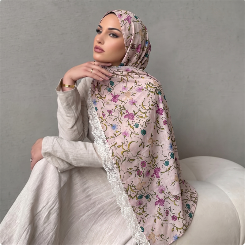 Hijab en mousseline de soie rose clair à imprimé floral pour femmes musulmanes, bordure en dentelle blanche, respirant, élégant, foulard islamique