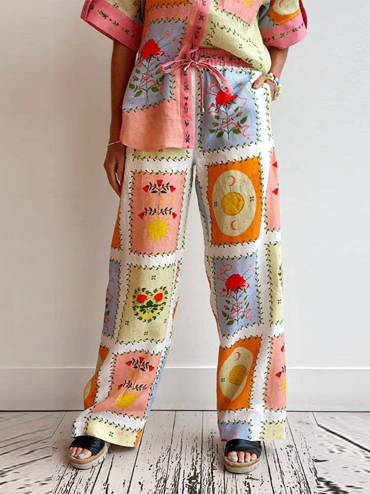 Mode col rabattu imprimé haut pantalon costume femmes à manches courtes simple boutonnage haut à lacets pantalon ensemble dame été Chic ensembles