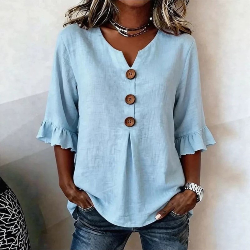 Nouvelle Blouse Décontractée Femme Col V Manches Sept Boutons Couleur Unie Été 2026 Respirante Vêtement Quotidien