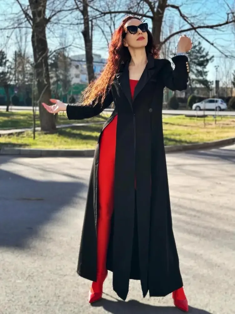 Blazer Élégant Femme Bonboho 2026 – Manteau Long Noir Uni à Manches Longues et Fente Latérale – Vêtement d'extérieur Formel pour Femme