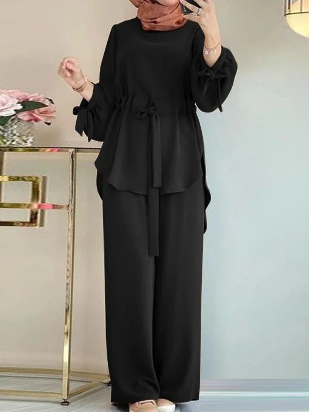 Eid – tenues musulmanes pour femmes, chemise avec ceintures, pantalon à jambes larges, costume Ramadan marocain dubaï Islam, Ensemble 2 pièces arabe Jalabiya, Ensemble modeste