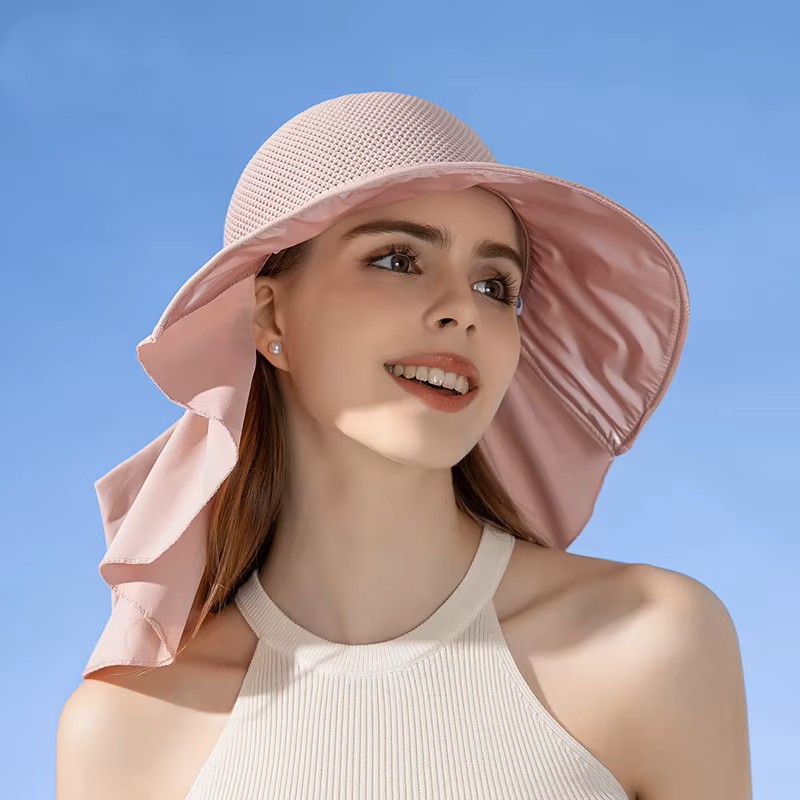 Chapeau de soleil anti-UV pour femme avec protection du cou, dessus en maille respirante, large bord, casquette d'extérieur