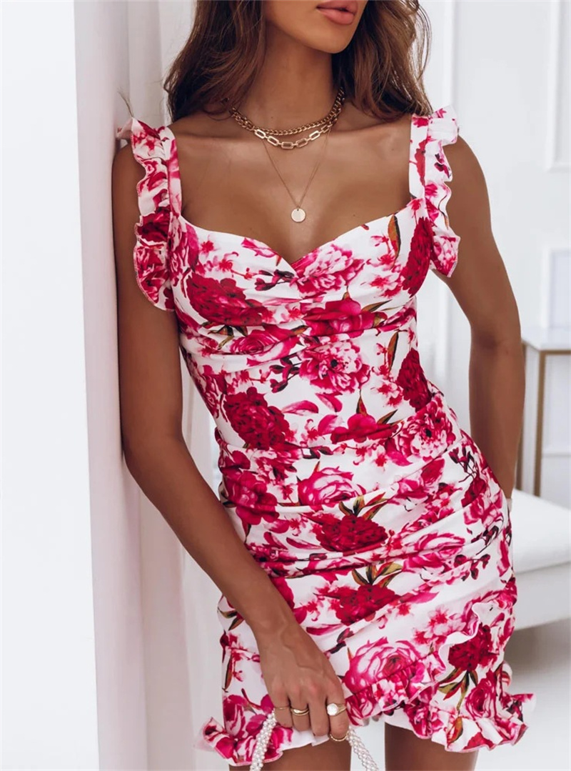 Robes sexy pour femmes Date Night - Col en V sans manches à volants imprimé floral robe d'été décontractée robe moulante
