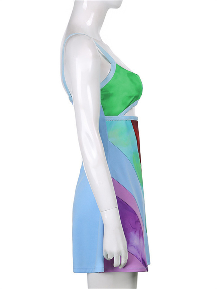 Robe trapèze à bretelles pour femmes, été, sans manches, couleur contrastée, col en U, découpe, robe moulante courte, style Harajuku, robe d'été, nouveauté 2022