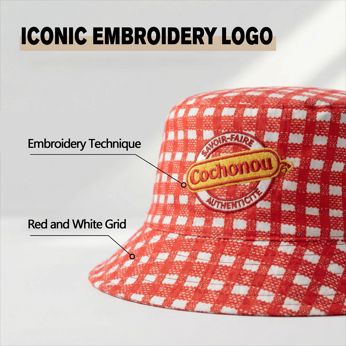Chapeau Bob COCHONOU avec logo brodé, polyester à carreaux rouges, chapeau de soleil tendance pour homme et femme