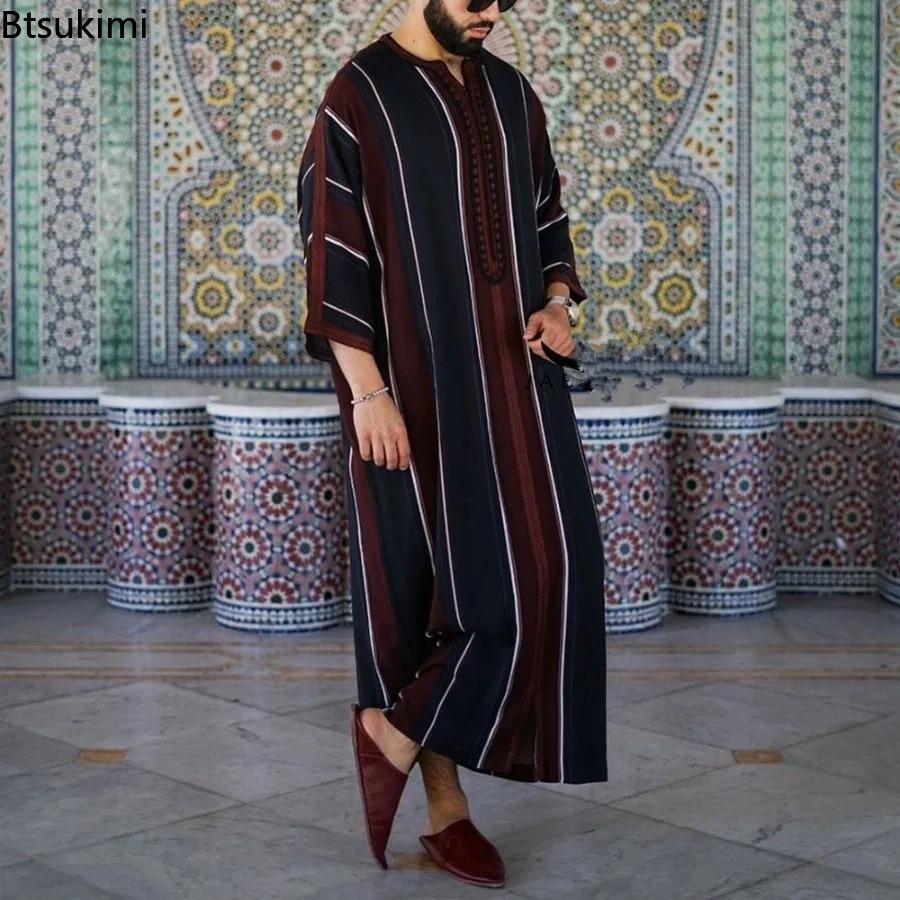 Abayas musulmans pour hommes, Vintage, longues Robes décontractées, vêtements islamiques arabes, chemise ample rayée, Jubba Thobe, robe saoudienne du moyen-orient, 2026