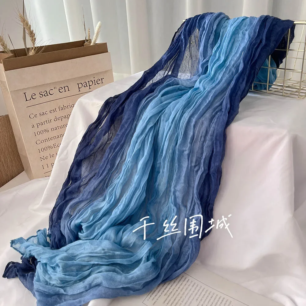 VREOVOR nouvelle écharpe chanvre main sensation dégradé bleu automne hiver rétro polyvalent imprimé femmes longue pli châle doux à la mode