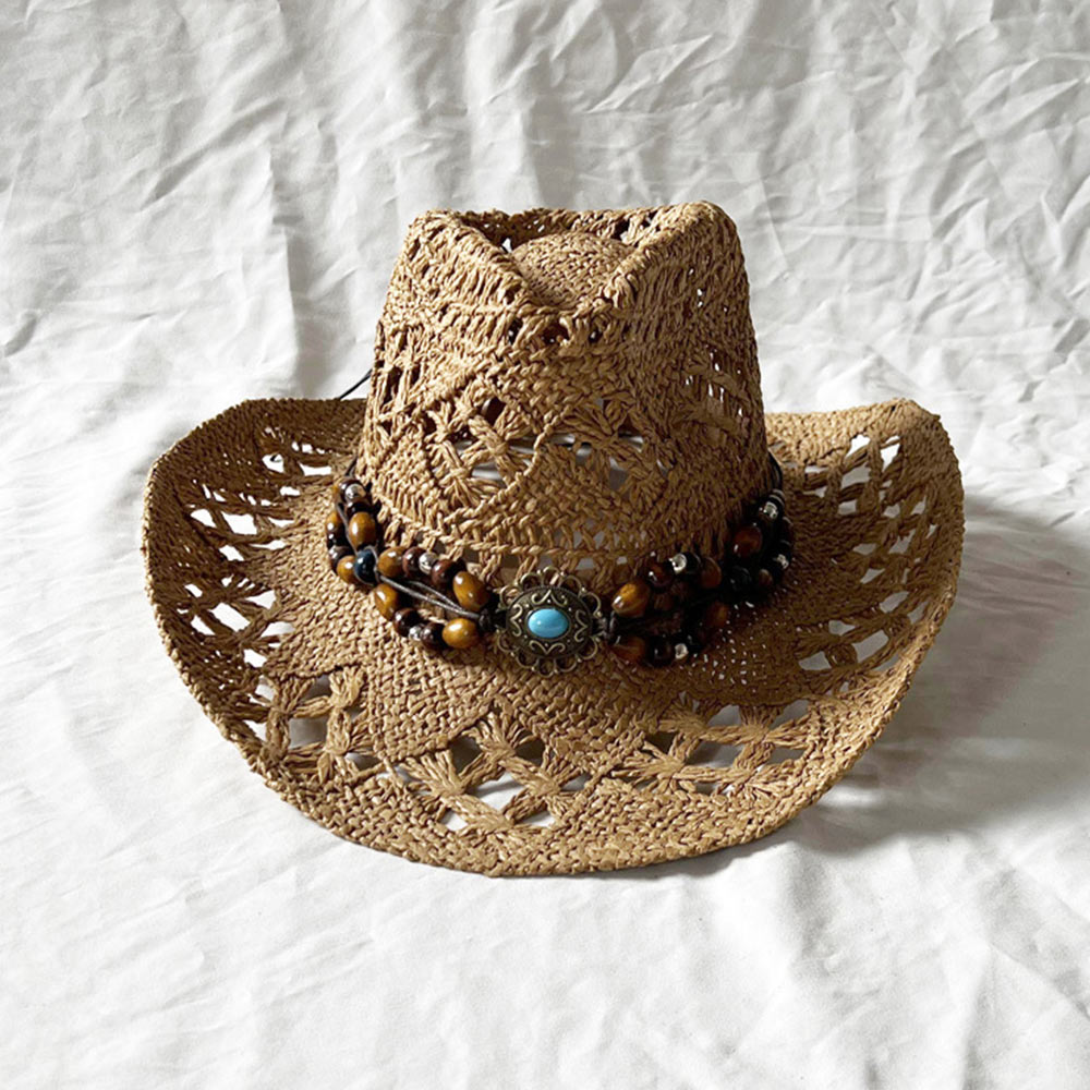 Chapeau de paille bohème Vintage pour femmes et hommes, chapeaux de Cowboy occidentaux, perles en bois, chapeau de soleil ajouré, casquette de vacances, été