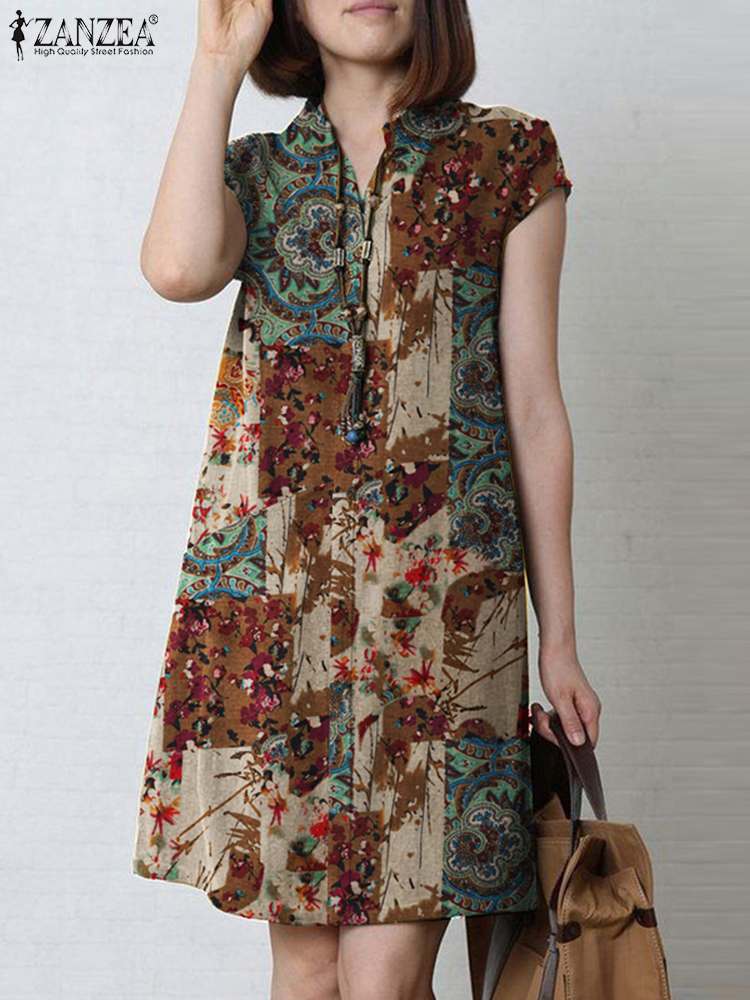 ZANZEA-Robe bohème à imprimé floral pour femme, longueur genou, manches courtes, robe d'été décontractée, vintage, vacances, caftan, été