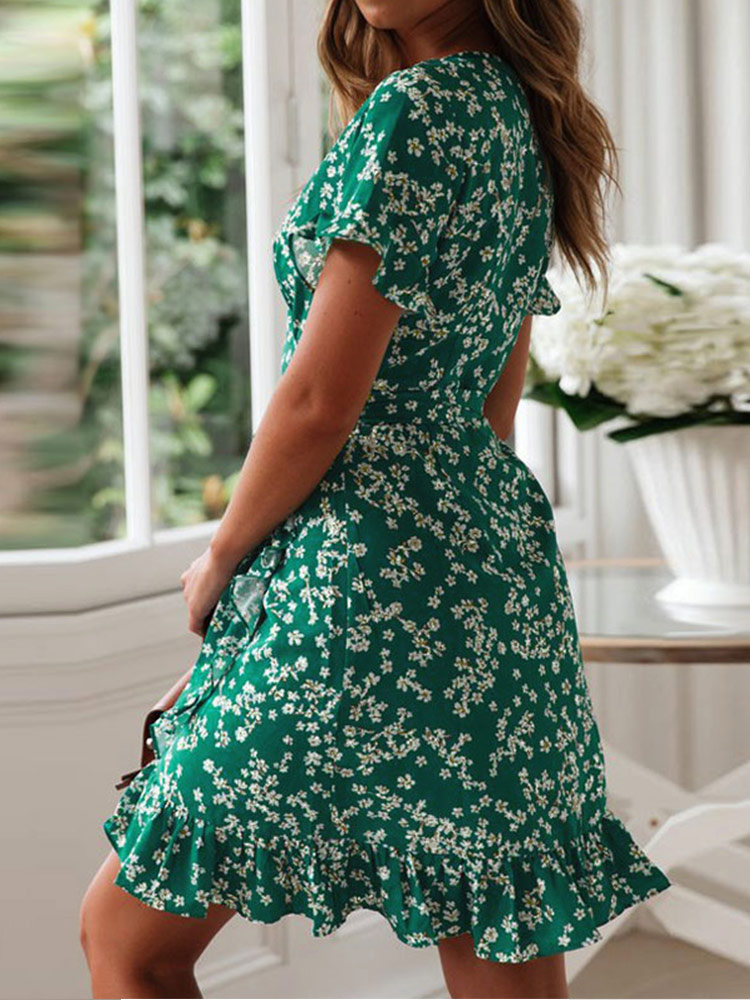 Boho imprimé fleuri volants femmes robe été Sexy col en V à manches courtes une ligne en mousseline de soie Mini robes plage vacances robe d'été