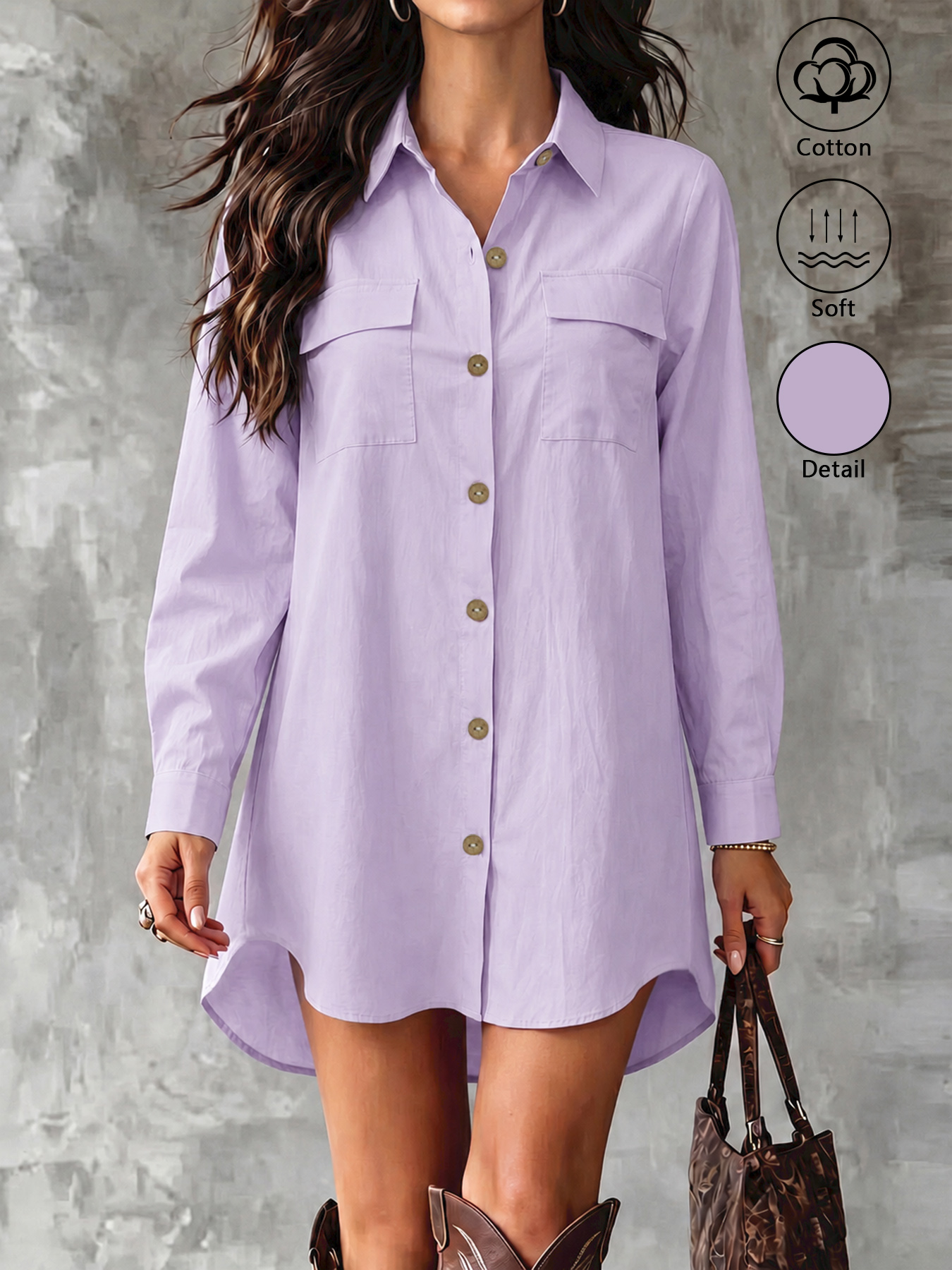 Robe chemise pour femme 100 % coton à manches longues, avec col, fermeture boutonnée, poche poitrine et ourlet asymétrique.