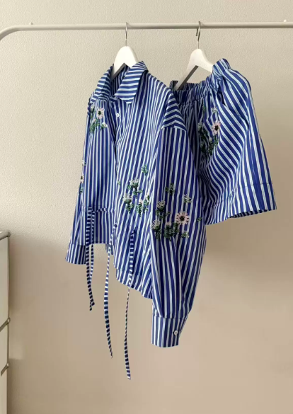Chemisier ample rayé à broderie de perles florales pour femme avec cordon de serrage à la taille ou short taille haute élastique – Nouveauté été 2026
