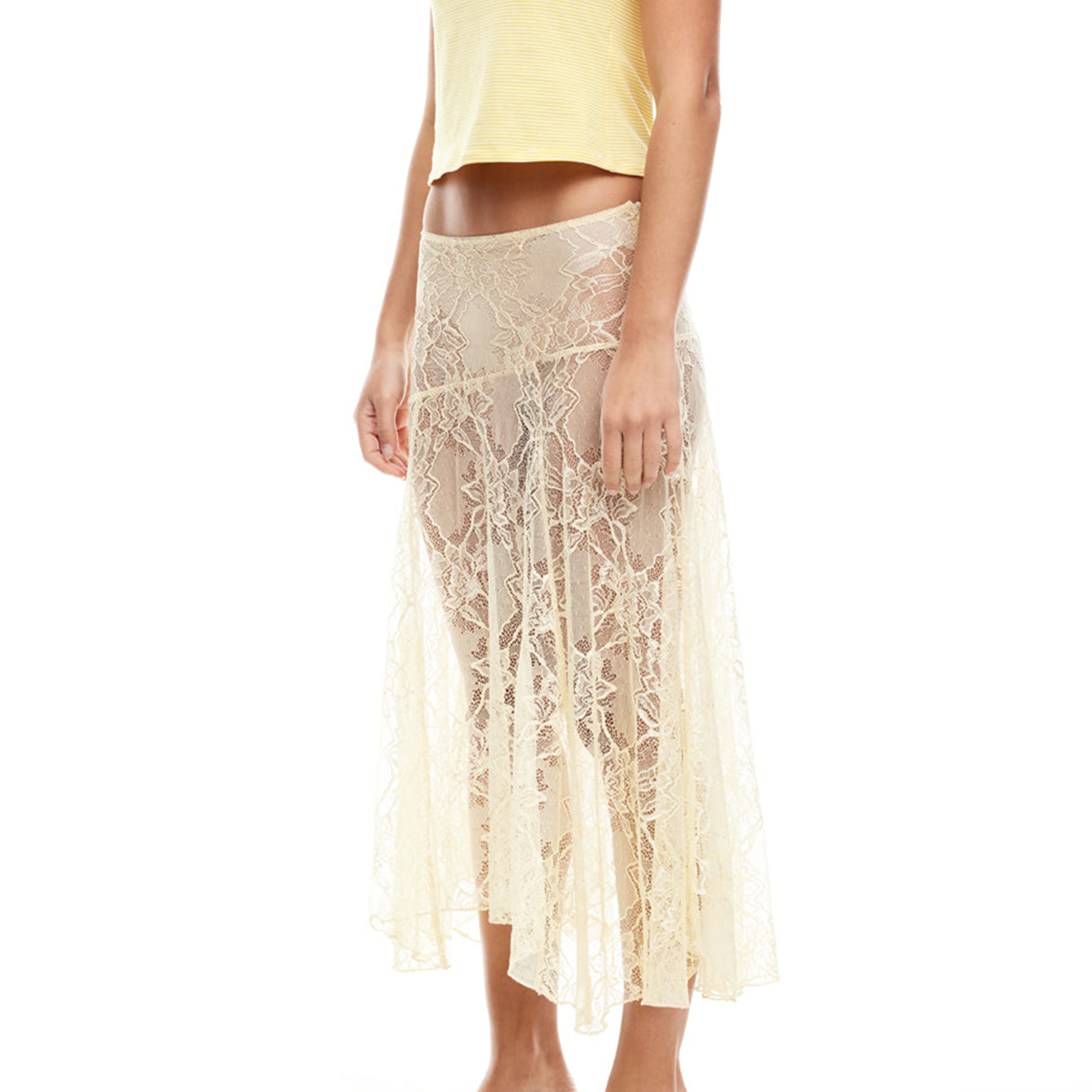 Femmes été Sexy pure dentelle jupe fleur couleur unie transparent taille basse jupe Midi jupe décontractée pour fête jupes de plage