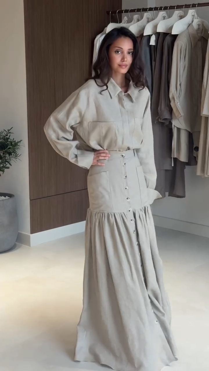 Ensemble jupe et chemise pour femme, chemise à col rabattu et simple boutonnage, jupe longue taille haute ajustée avec ourlet à volants et boutons, ensemble assorti pour femme