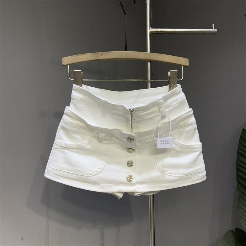 Jupe courte en jean effet deux pièces pour femme, style décontracté américain, délavée, rétro, coupe trapèze, boutonnée, été