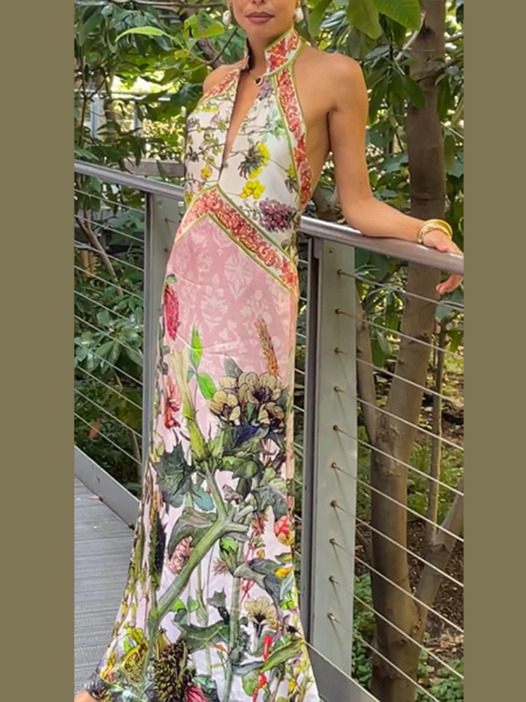 Robe longue imprimée pour femmes, col en v profond, sans manches, dos nu, taille cintrée, robes de soirée élégantes, été 2025