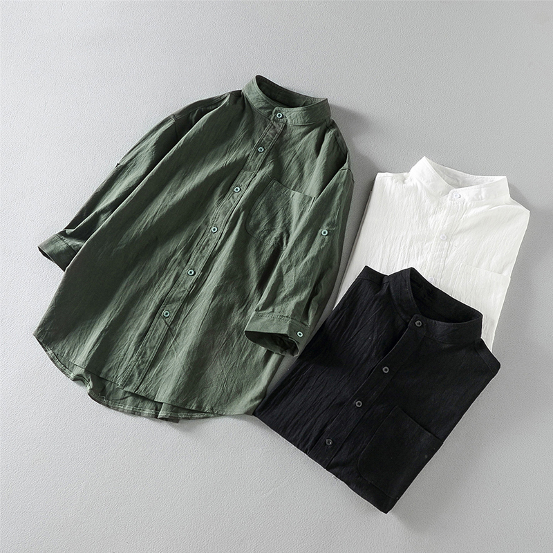 Vêtements d'été à manches courtes pour hommes, coton, lin, col montant, cinq points, adaptés aux adultes