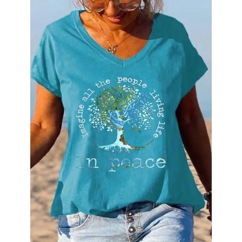 T-shirts à manches courtes pour femmes, décontractés, col en V, style hippie, hauts d'été, t-shirts imprimés pour la plage