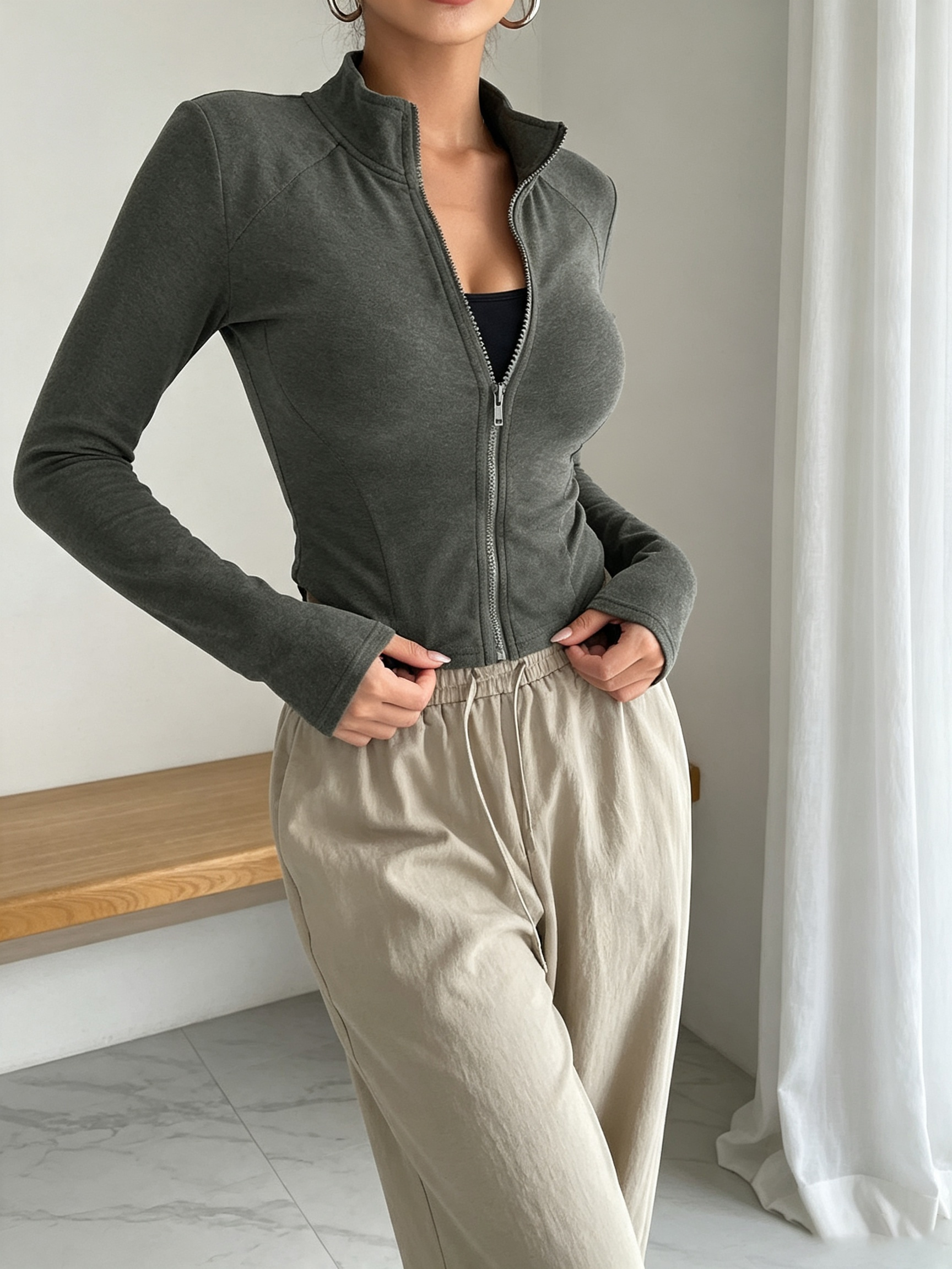 Veste zippée en tricot pour femme, coupe ajustée, col montant, manches longues, polyvalente, décontractée, sportive, cardigan