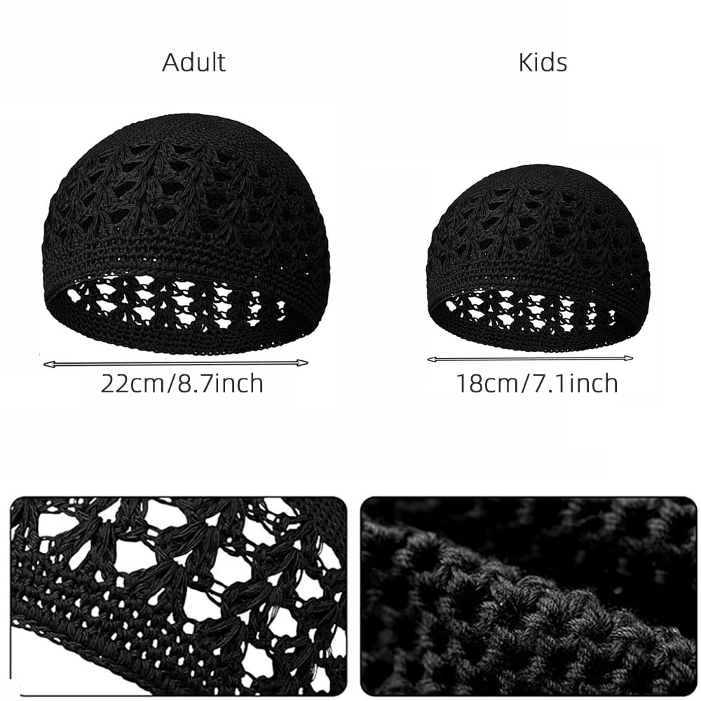 Chapeau Kufi tricoté musulman pour adultes et enfants 2 pièces bonnets Skullies tricotés casquette de crâne Crochet fait à la main casquette de prière islamique du Ramadan