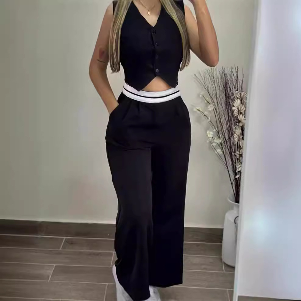 Ensemble 2 pièces noir sexy pour femmes, mode filles chaudes, documents d'abonnés, gilet à col en V, jambes larges, fjCasual