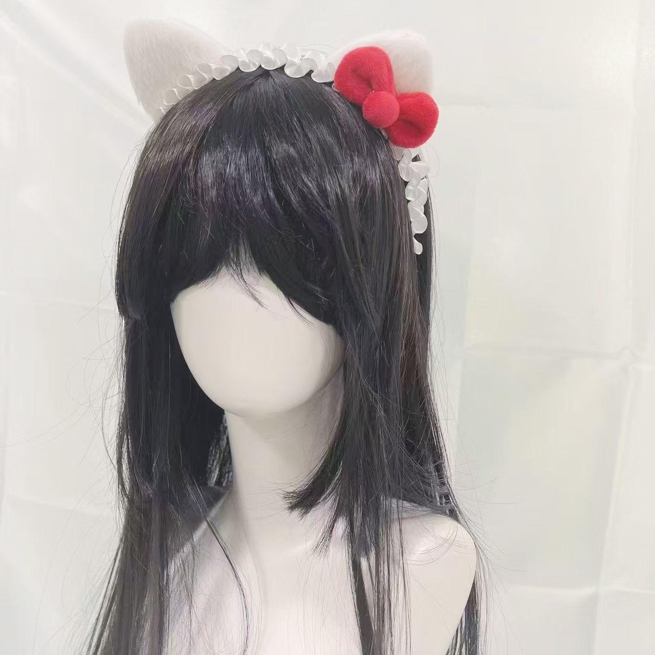 Cerceau de cheveux blanc fait à la main avec oreilles de chat, avec nœud papillon rouge, accessoires pour cheveux Lolita faits à la main, coiffure pour femmes