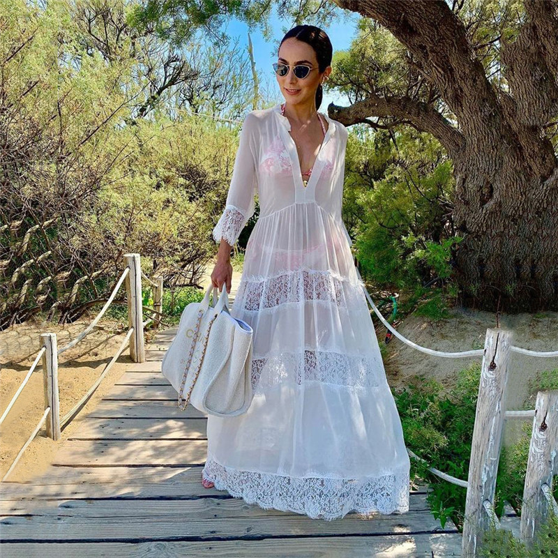 Robe de plage en crochet pour femme, tunique longue, kaftan, paréo, cache-maillot de bain, tenue de plage d'été