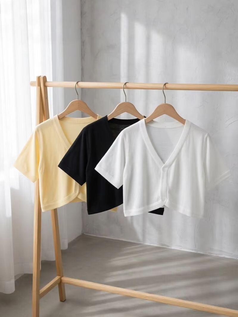 OupillJerseile-Cardigan d'été pour femmes, chemisiers courts, style coréen, col en v mignon, manteau noir BEmbed o femme basique