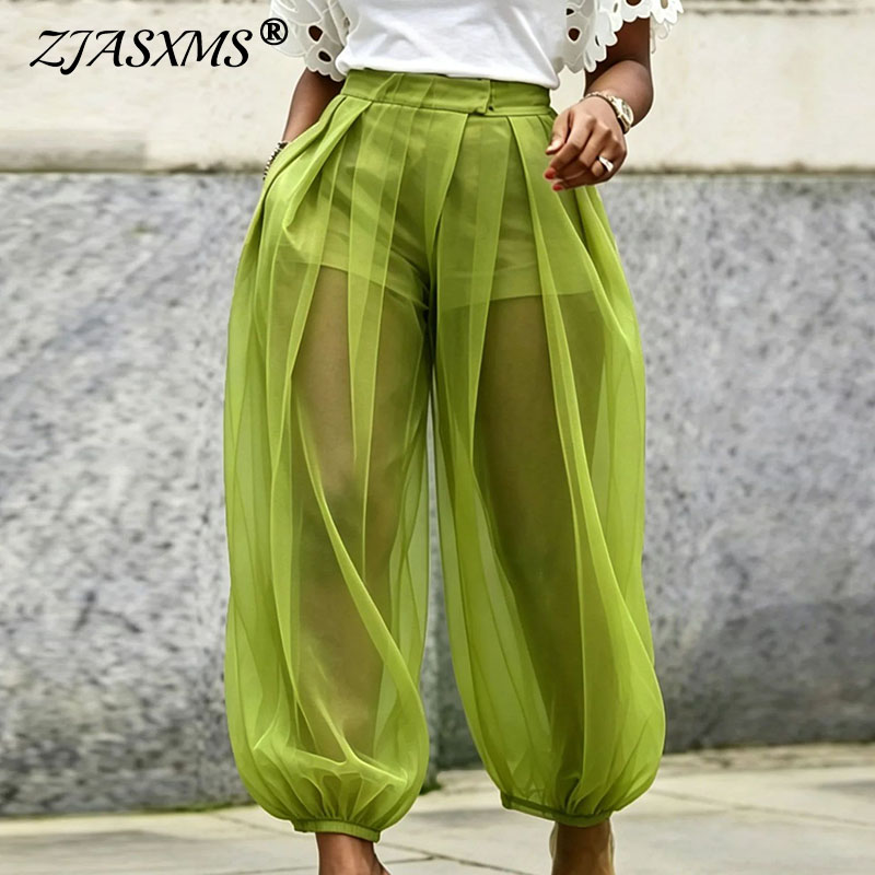 Pantalon de soirée bohème transparent pour femme, taille haute, uni, style harem, avec short intégré, bas élastiqué, coupe lanterne, idéal pour l'été