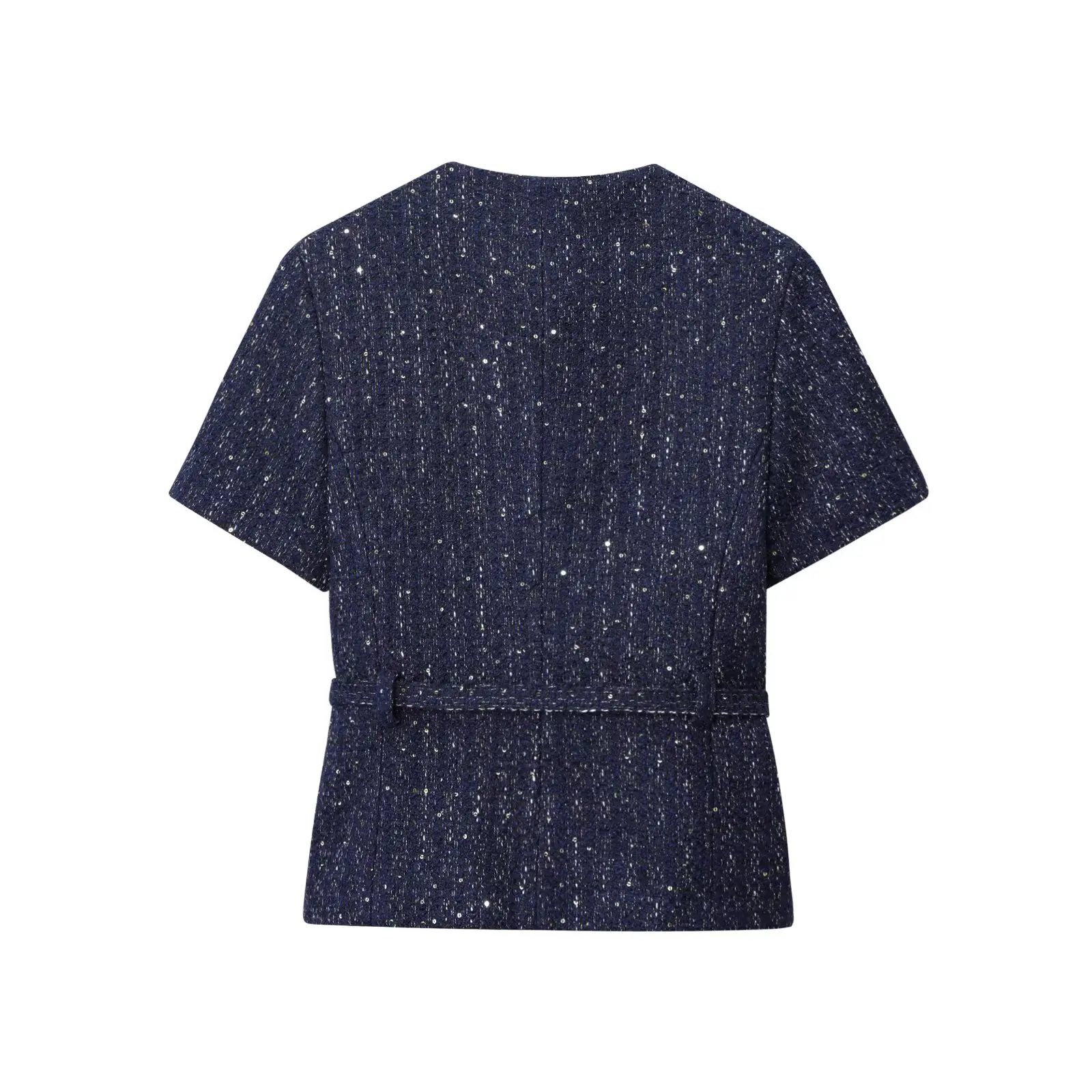 Femmes 2025 mode bleu Tweed Blazer manteau avec ceinture femme à manches courtes vêtements d'extérieur