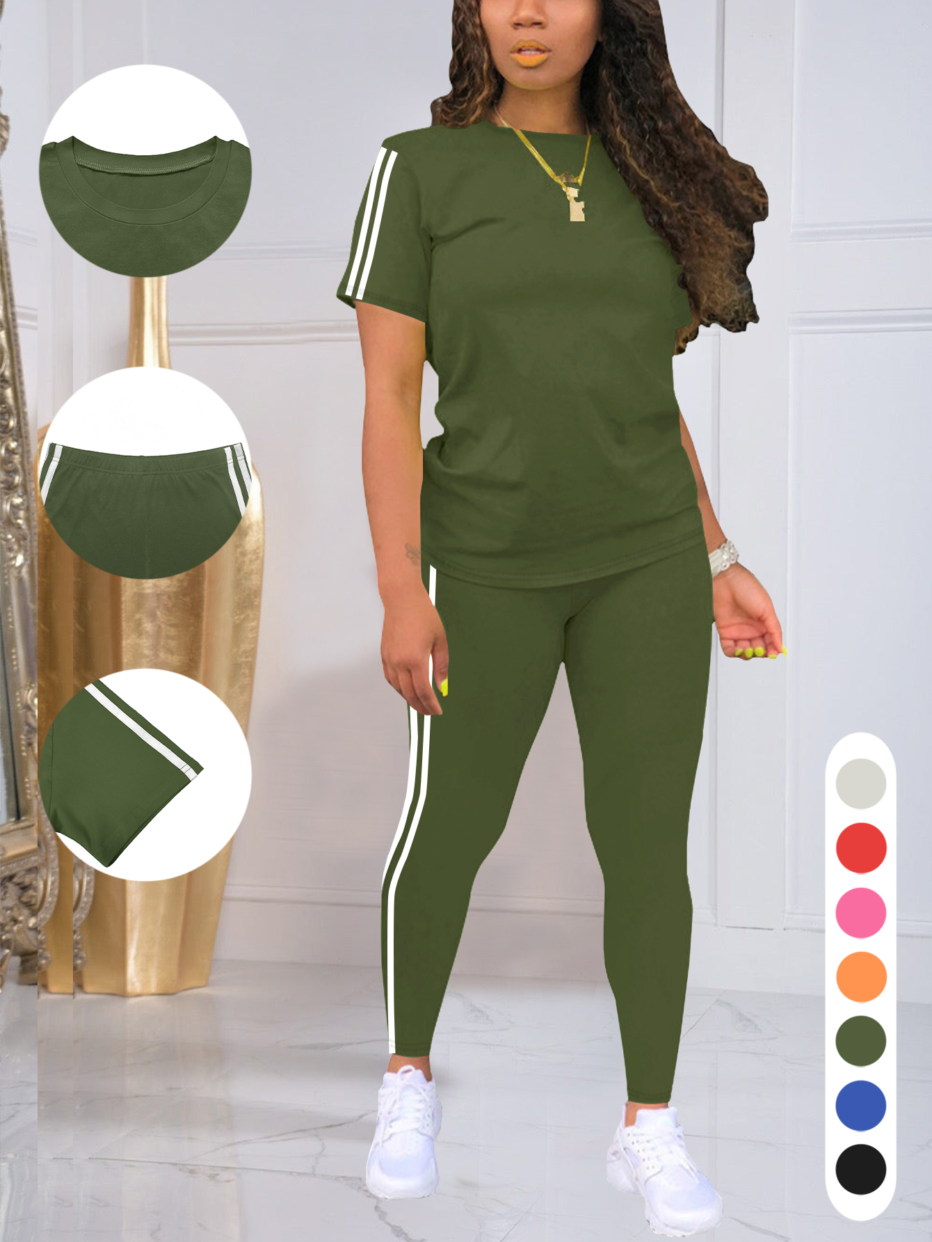 Ensemble de vêtements de sport d'été à rayures latérales pour femmes, manches courtes, pantalons longs, couche de Base respirante, tenue colorée décontractée