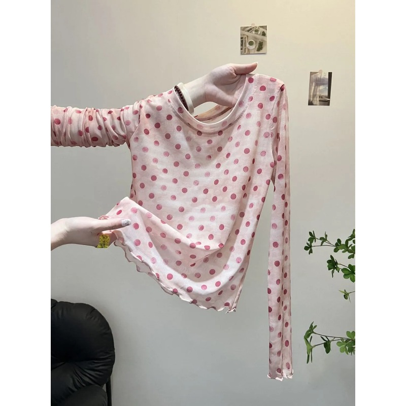 Vêtements d'été pour femmes, chemisier de Protection en maille dégradée avec imprimé à pois, t-shirts au Design polyvalent, haut à manches longues à bords de champignon