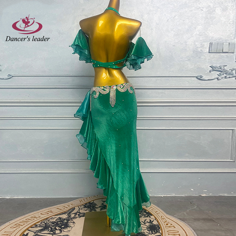 Costume de danse du ventre pour femmes, adultes et enfants, jupe en dentelle diagonale verte haut de gamme, robe Flash haute Performance Samba