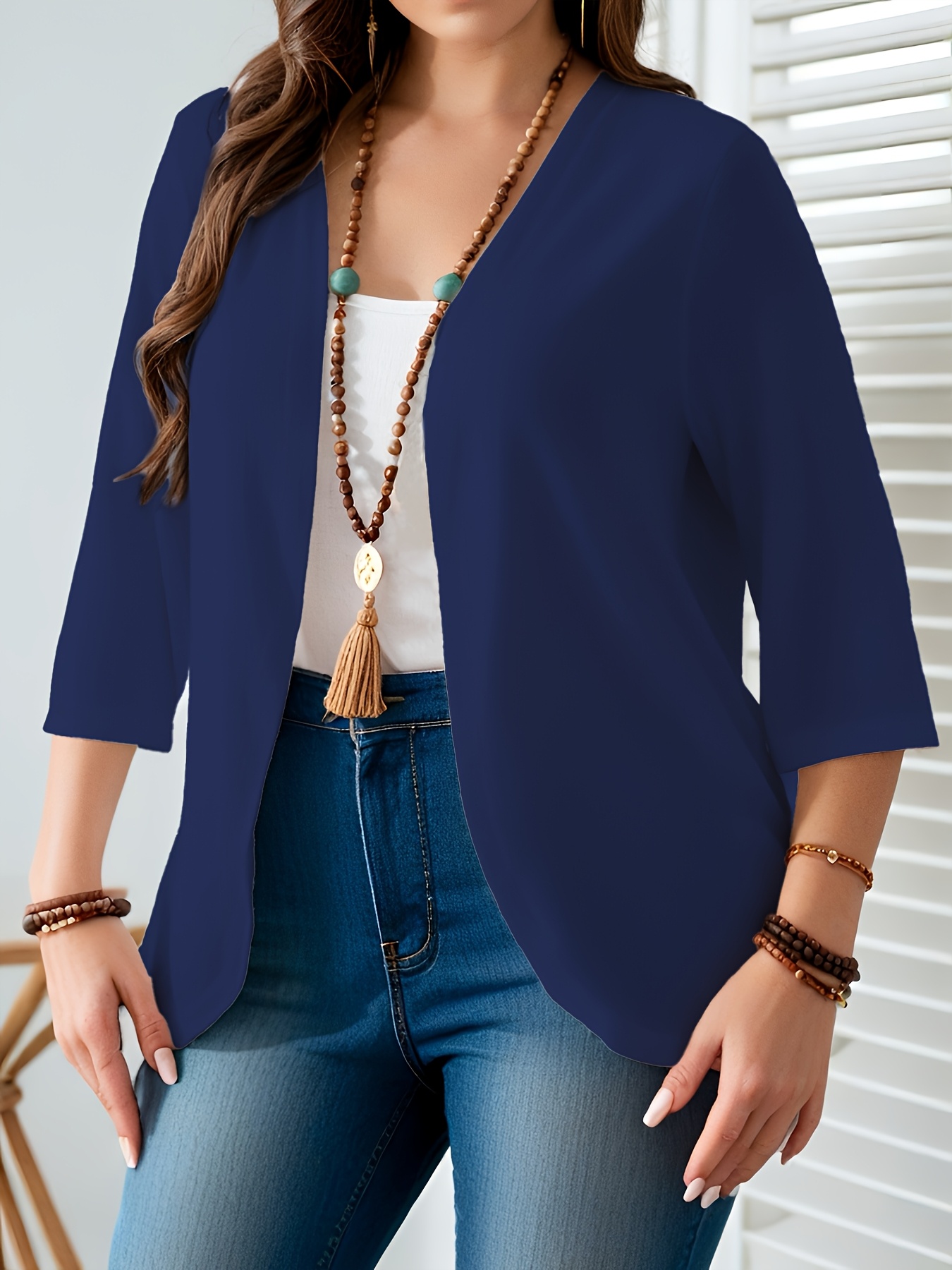Cardigan ouvert sur le devant pour femme grande taille, veste décontractée légère à manches 3/4, mode superposée de couleur unie.