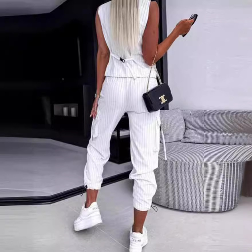 Ensemble Pantalon Élégant Rayé et Boutonné de Couleur Unie, Streetwear, 2 Pièces, Nouvelle Collection Printemps 2024