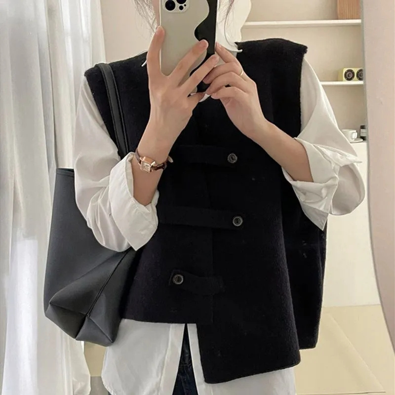 Femmes coréennes col rond gilet Cardigan 2025 dames couleur unie gilet vêtements d'extérieur automne hiver femme irrégulière sans manches manteau
