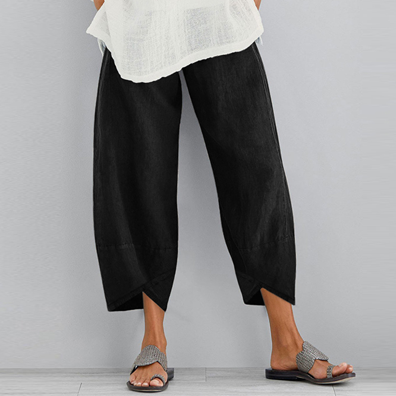 Pantalon sarouel en coton et lin pour femmes, Vintage, taille élastique, jambes larges, décontracté, poches solides, pantalon court et ample
